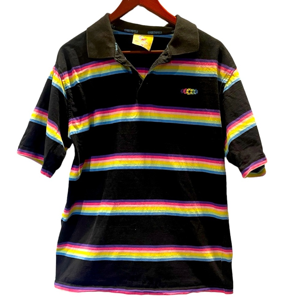 Southpole Shirt Mens Medium Black With Stripes Short Sleeve Polo 1991 Vintage